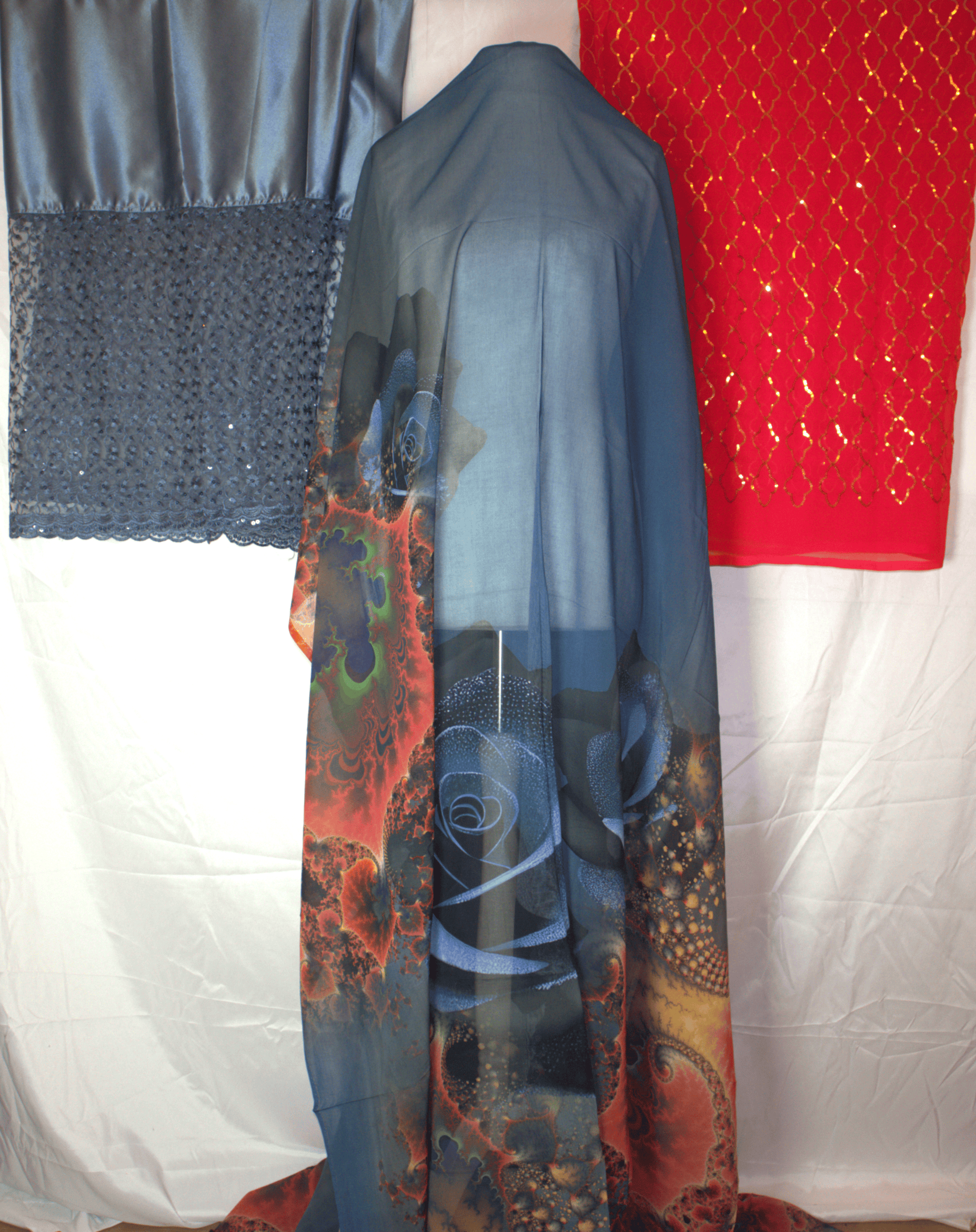 Long dark blue German Dirac fabric with colorful designs With Red with Gold patterned Gabsaar.