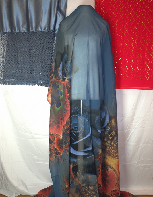 Long dark blue German Dirac fabric with colorful designs With Red with Gold patterned Gabsaar.