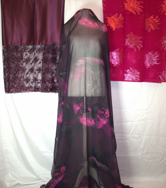 Dark Purple German dirac fabric with a Beautiful pink floral Gabsaar 