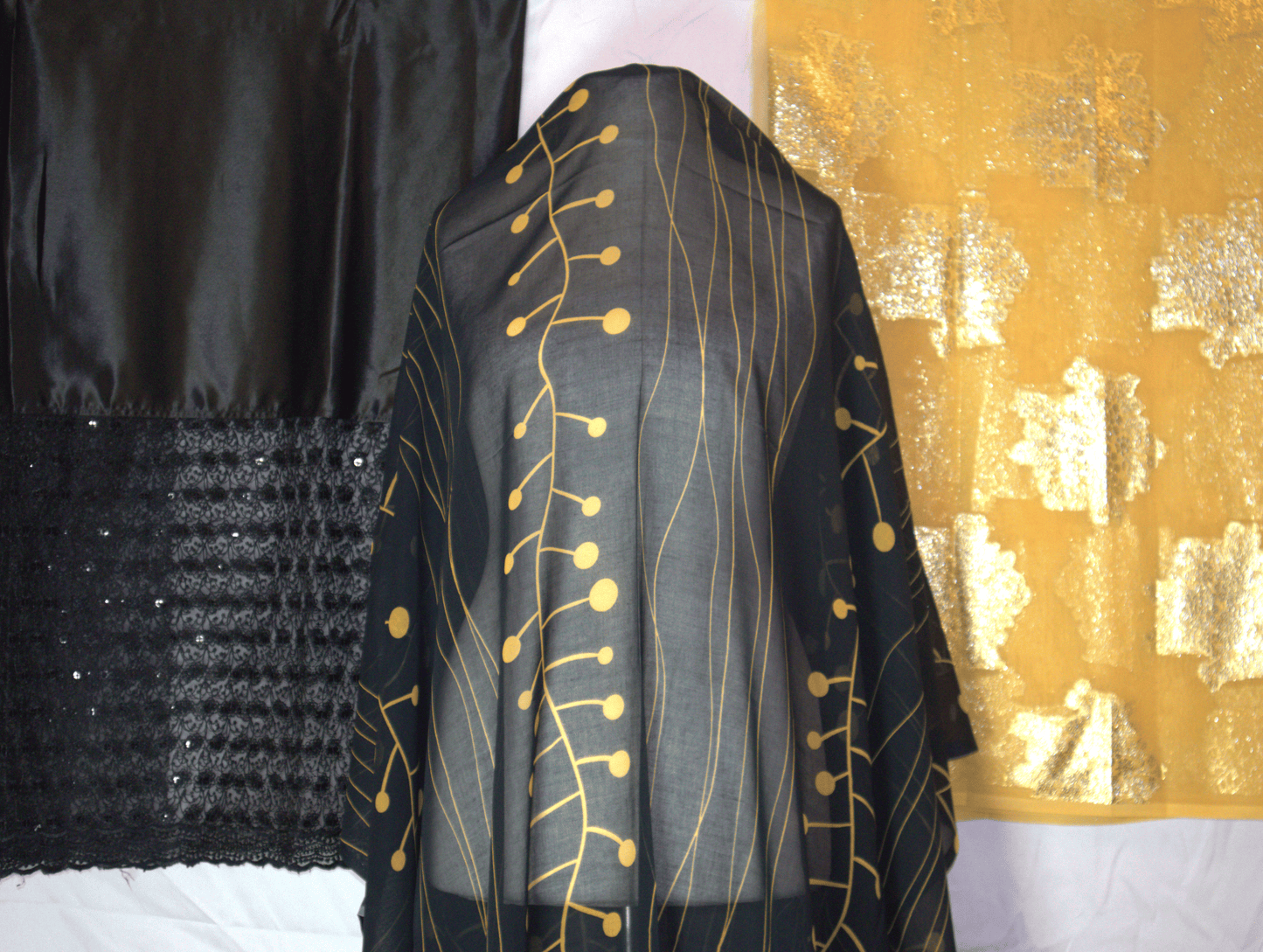 Black German Dirac fabric with gold Spots and Yellow Gabsaar
