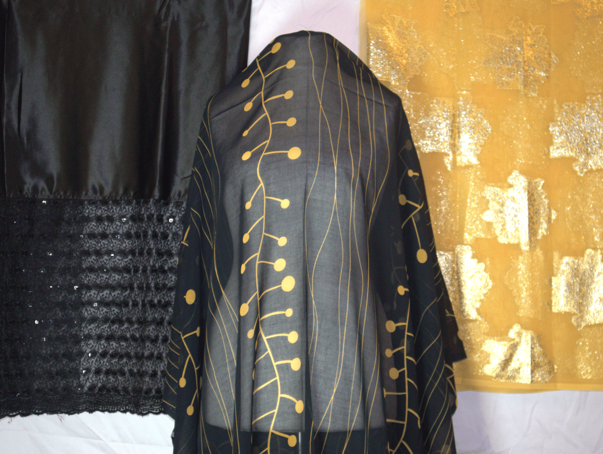 Black German Dirac fabric with gold Spots and Yellow Gabsaar
