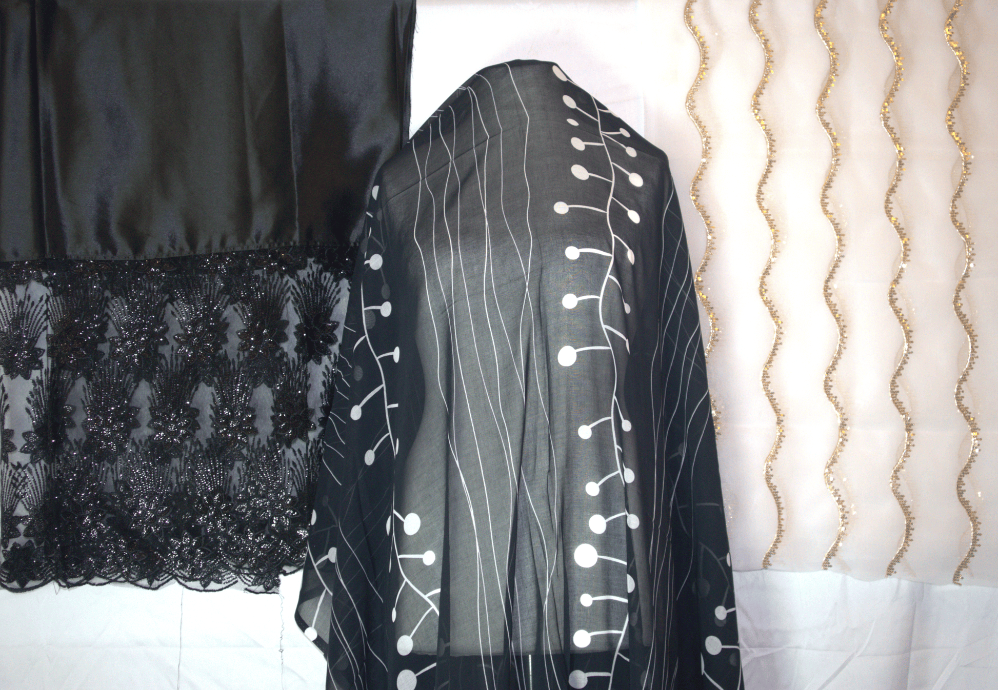 Black German Dirac garment with white Gabsaar with Gold lines on a white background