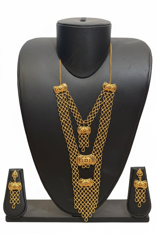 Gold Barrel Cascade Necklace and Earring Set – second angle on bust