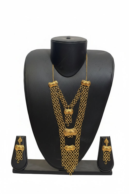 Gold Barrel Cascade Necklace and Earring Set – front view on bust