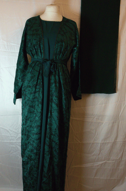 Deep Green Two-Piece Abaya Set with Belt and Headscarf