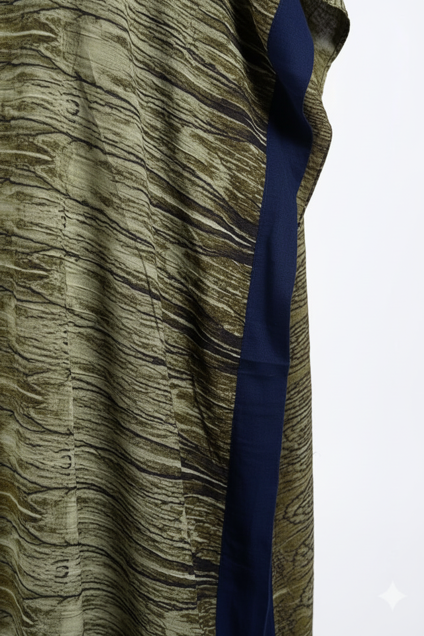 Textured green Somali baati fabric with a blue stripe on a white background