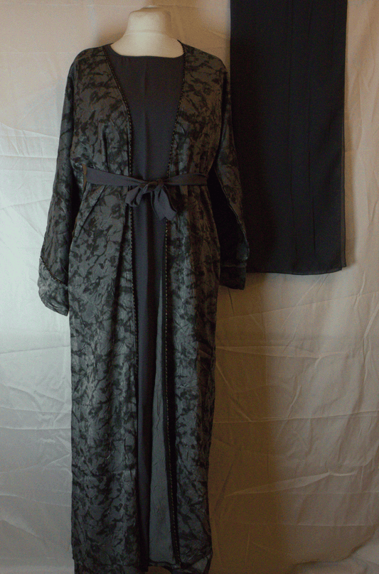 Chic Grey Two-Piece Abaya Set with belt and Headscarf