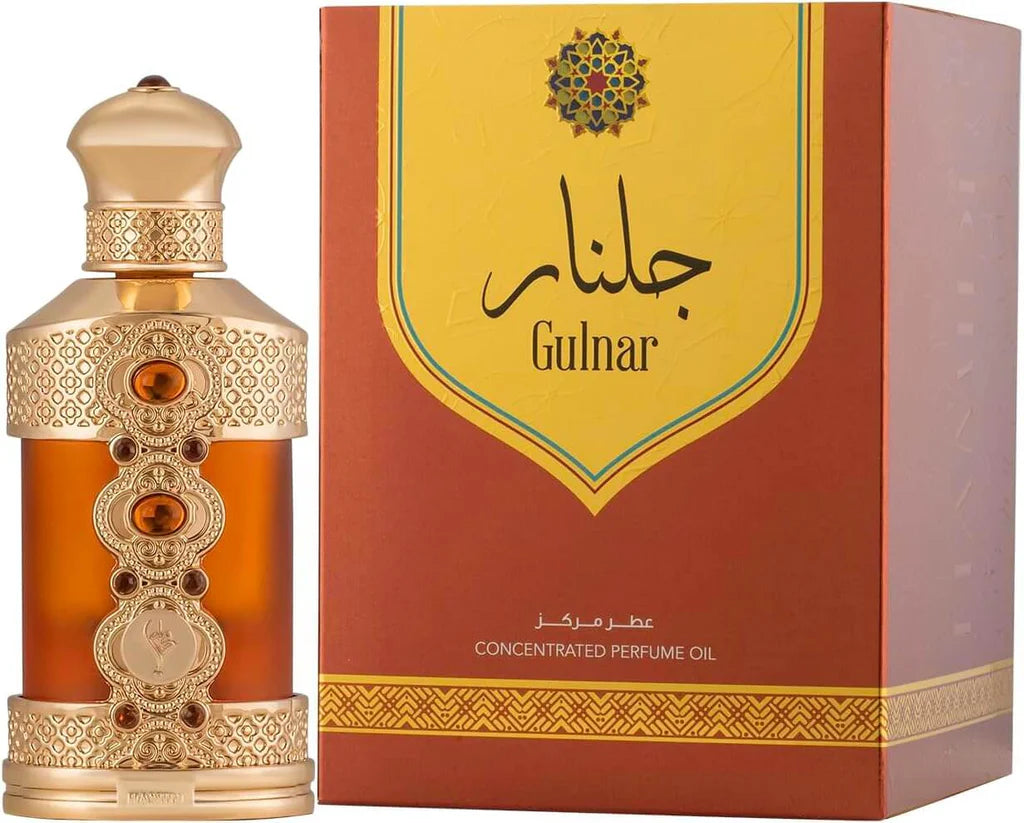 Decorative perfume bottle and box with 'Gulnar' branding on a white background