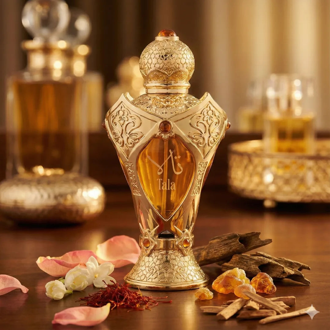 Decorative perfume bottle with intricate design on a wooden surface with flowers and incense.