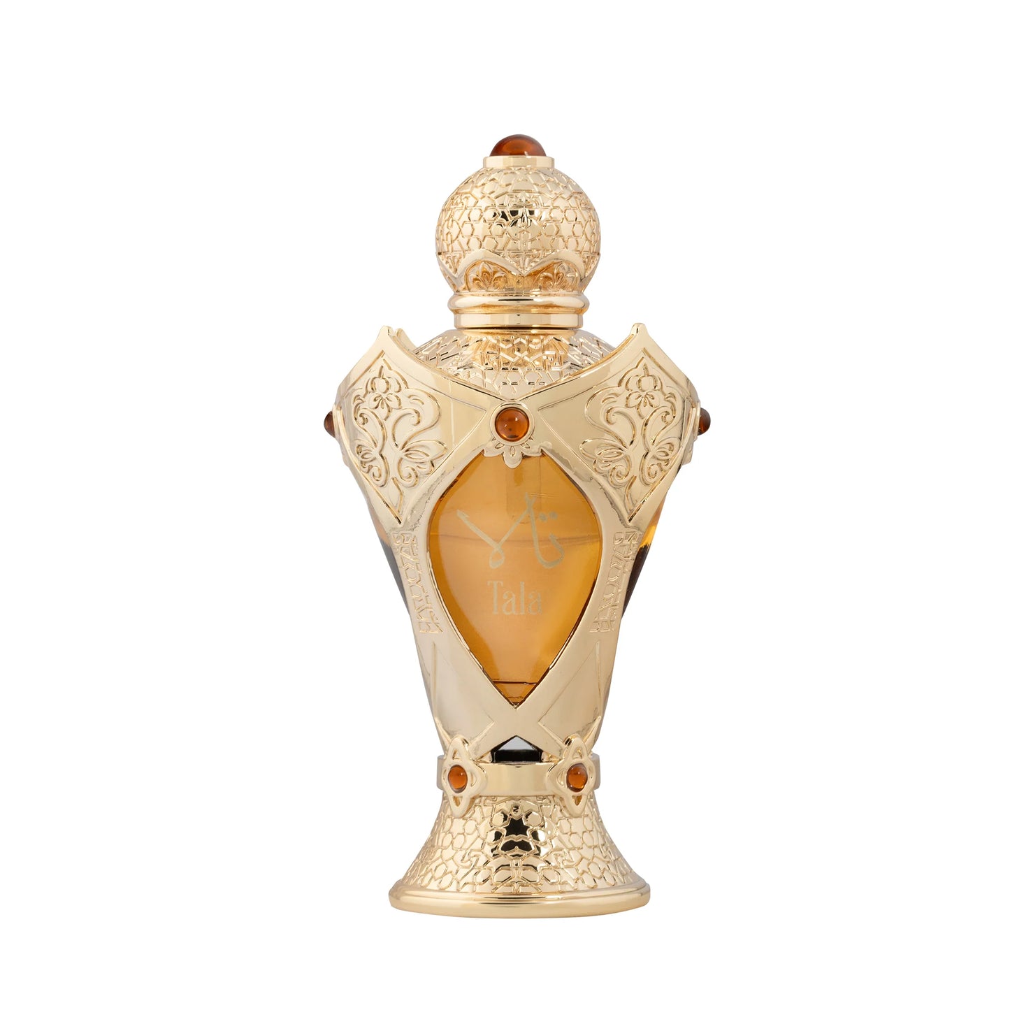 Decorative perfume bottle with intricate designs on a white background