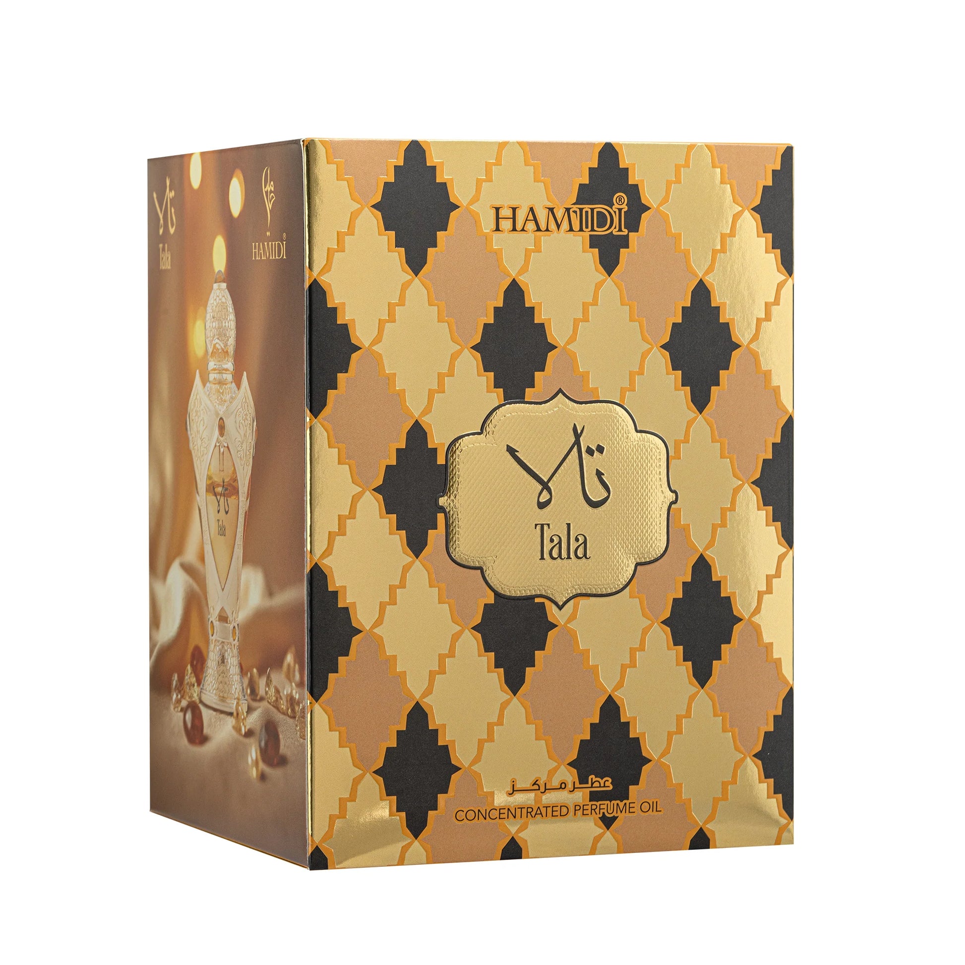 Hamidi Tala concentrated perfume oil packaging with geometric pattern