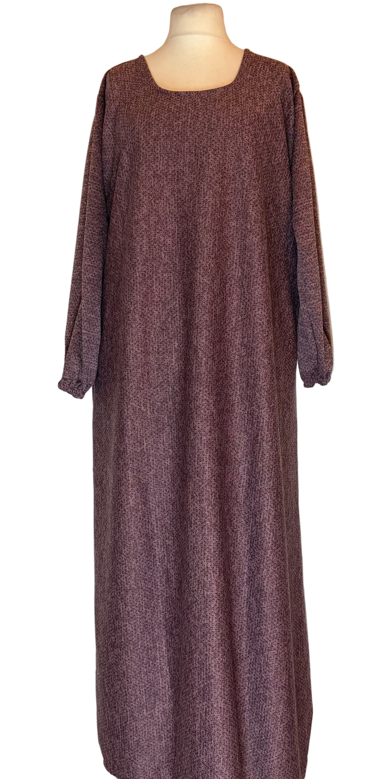 Brown long-sleeve dress on a mannequin against a white background