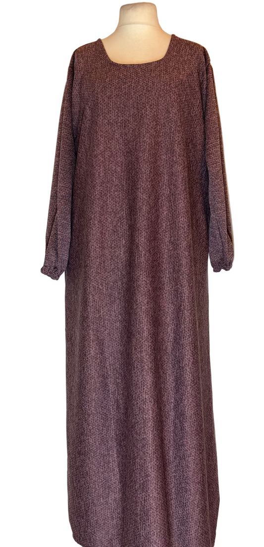 Brown long-sleeve dress on a mannequin against a white background