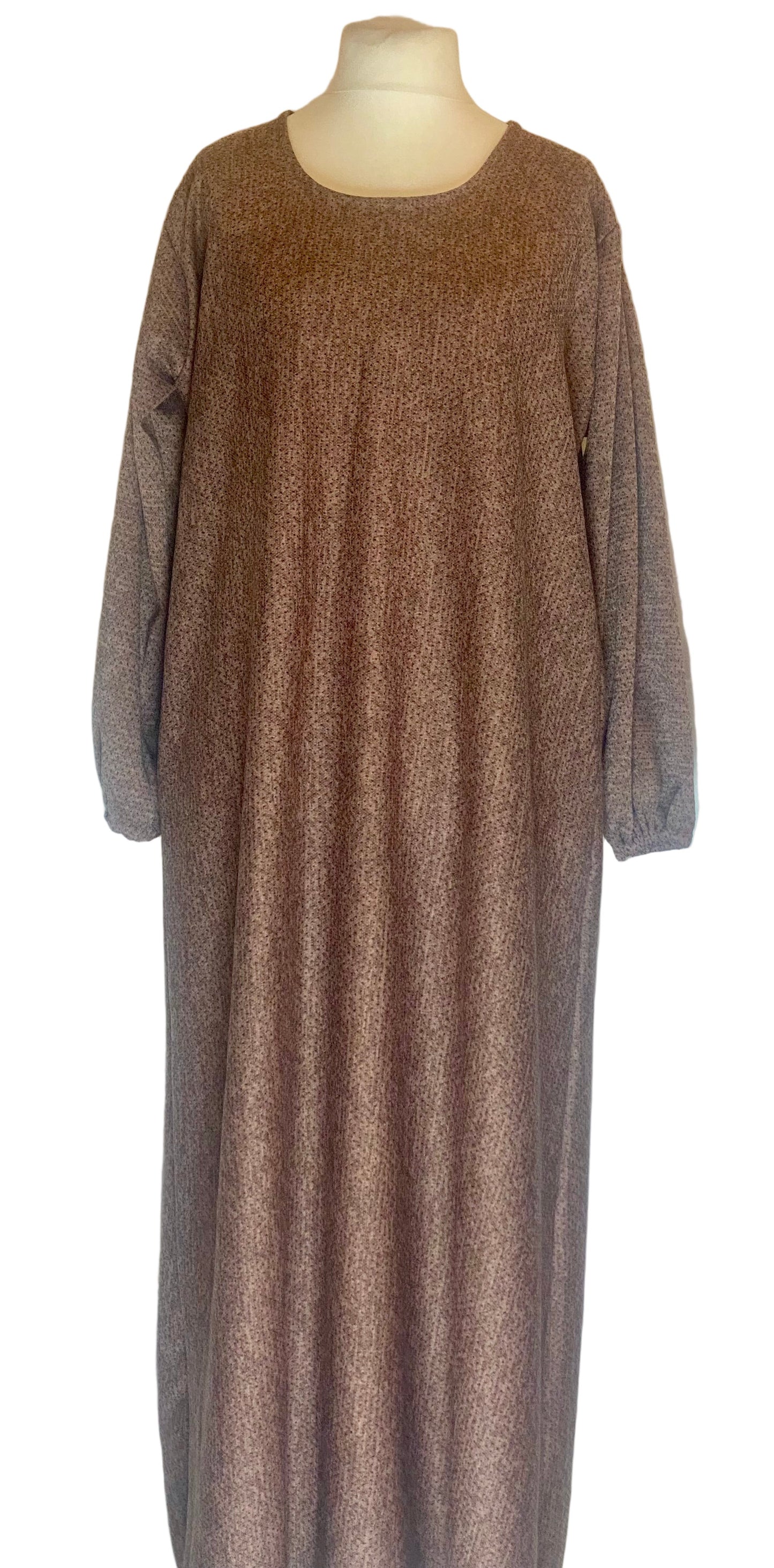 Brown long-sleeve dress on a mannequin against a white background