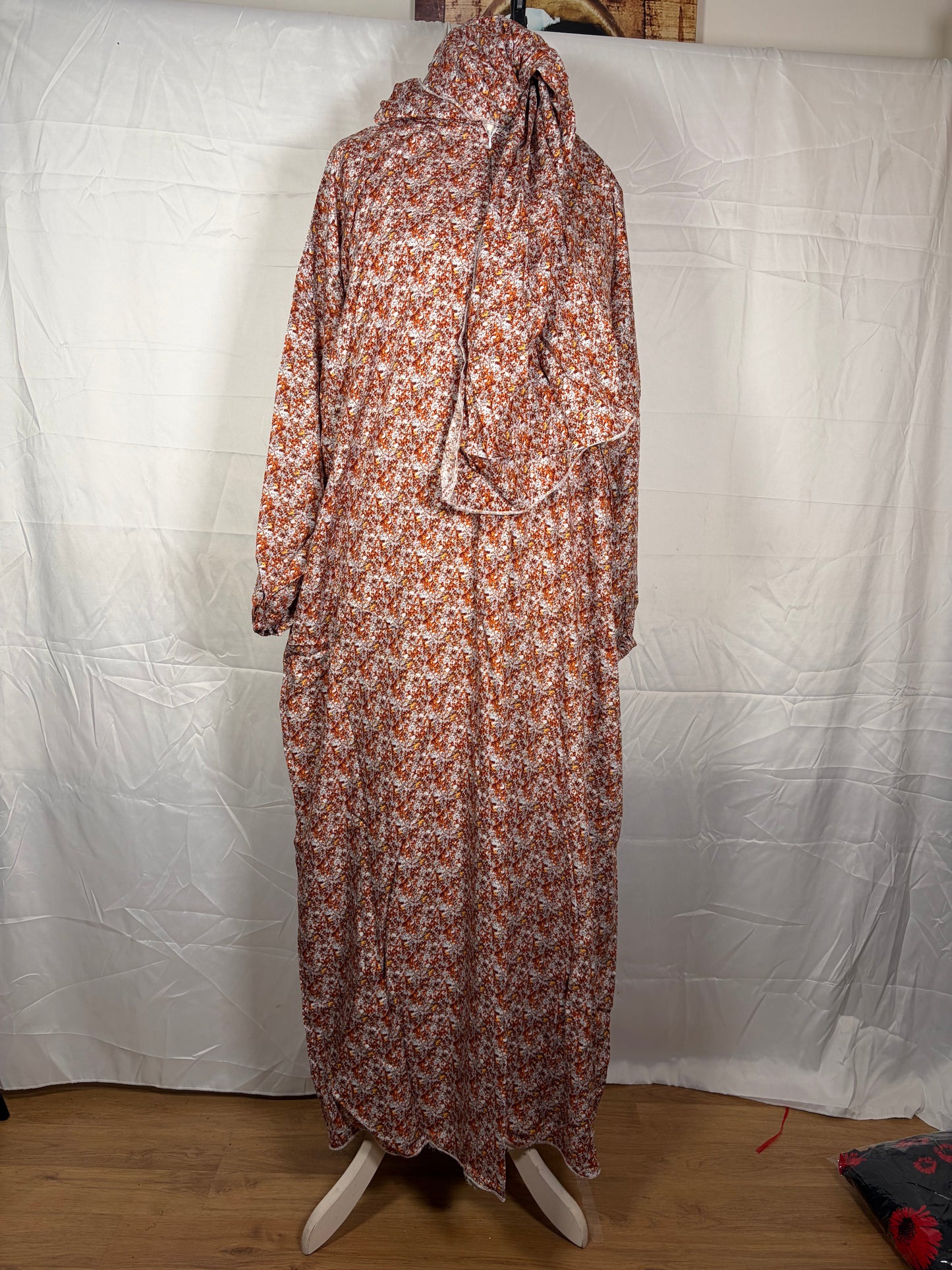 Rust Floral Prayer Dress with Attached Scarf