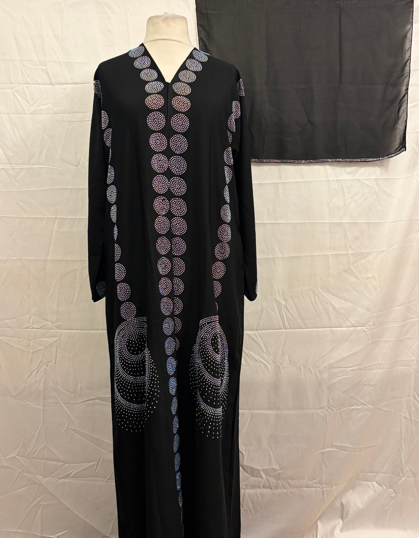 Embellished Open Abaya with Scarf