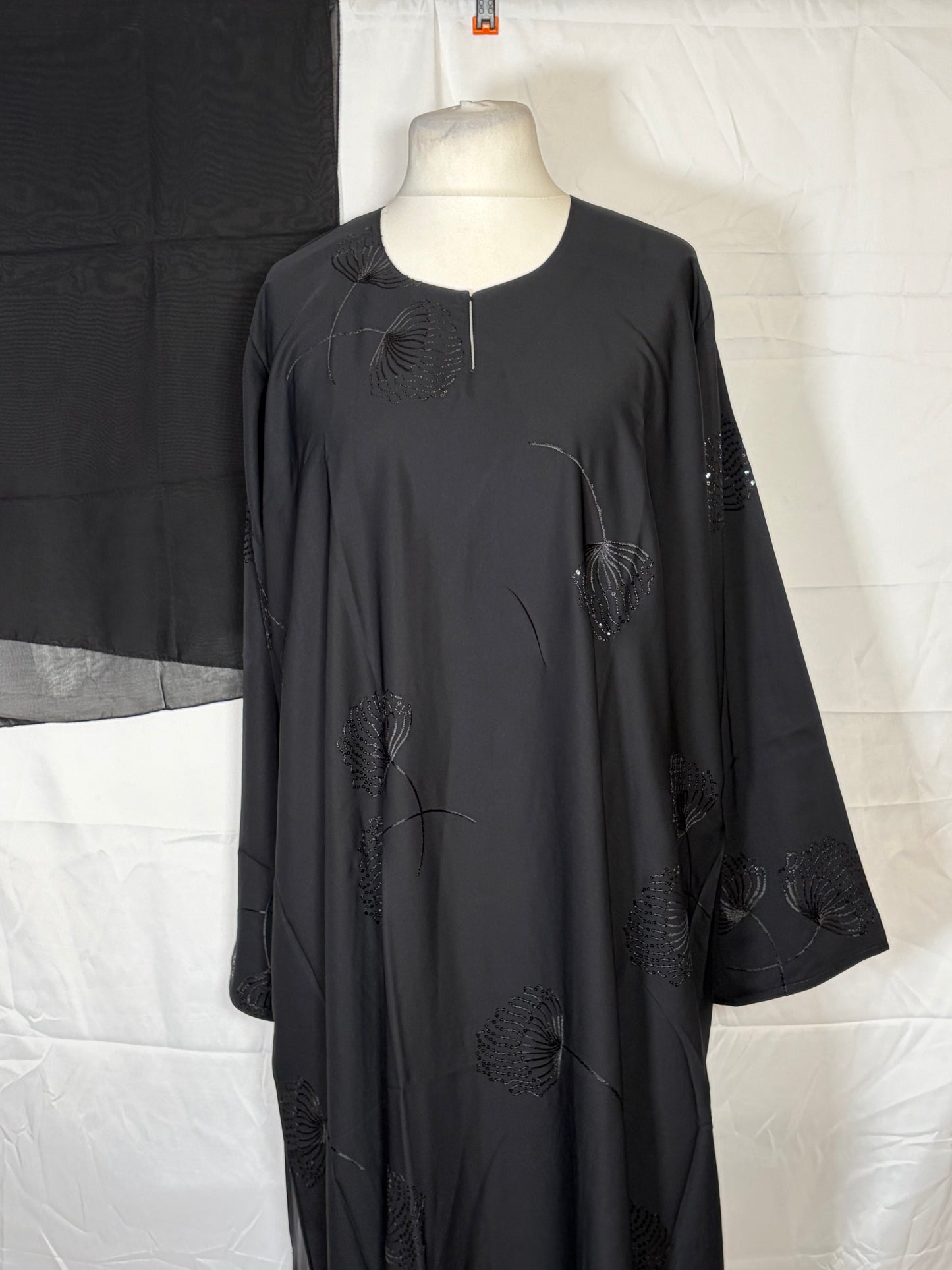 Black Floral Embroidered Abaya with Matching Scarf