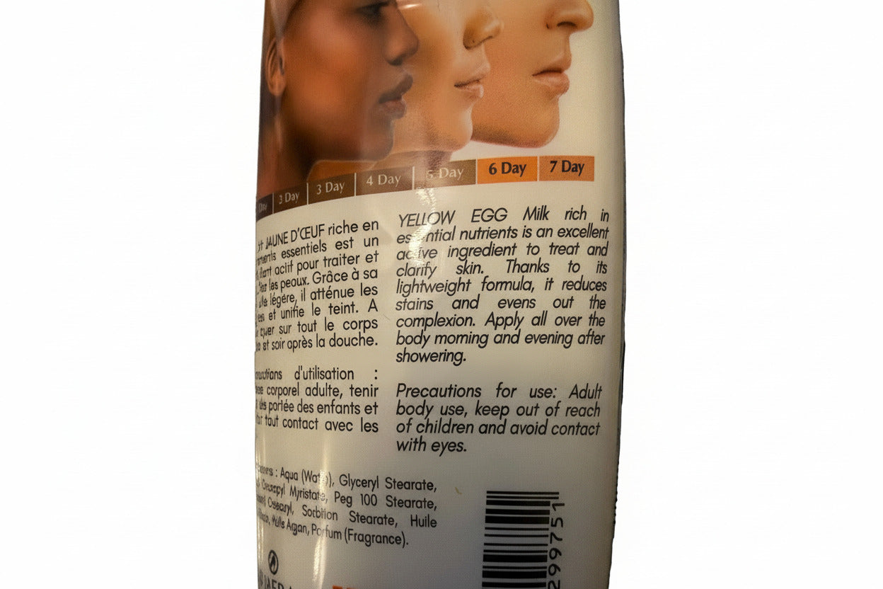 Product label with text and images of a woman's face on a textured background