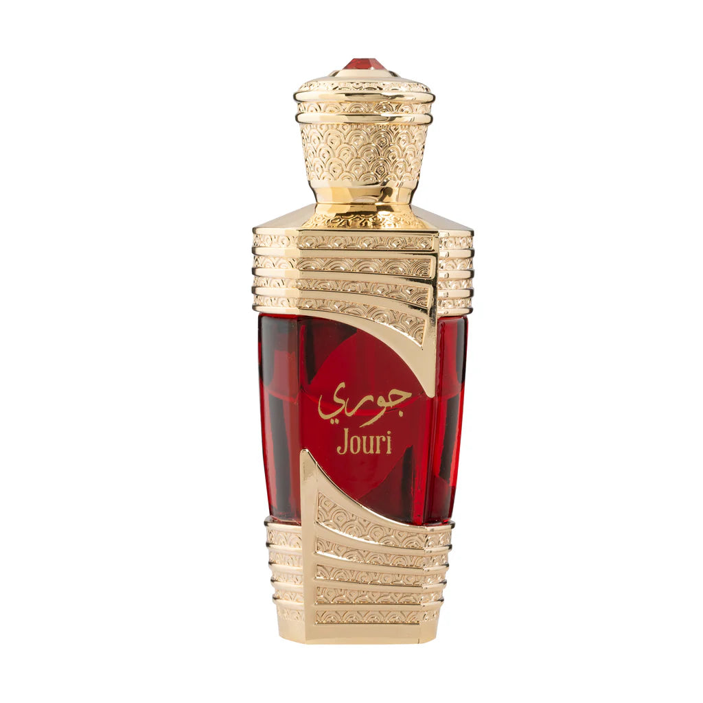 Perfume bottle with gold and red design on a white background