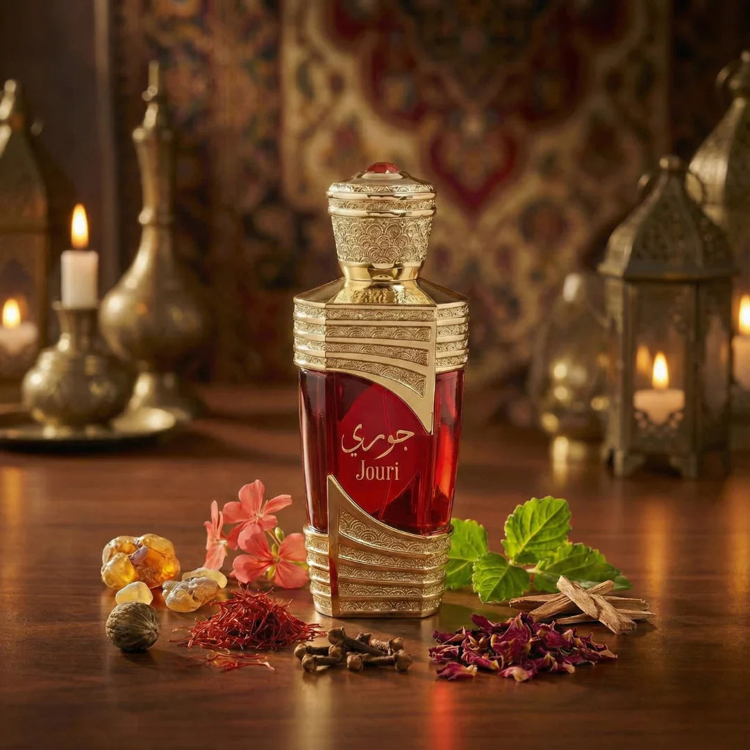 Jouri perfume bottle on a wooden surface with flowers and lanterns in the background