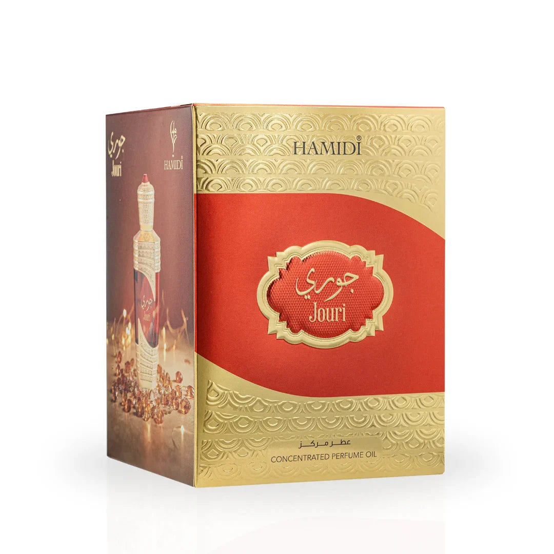 Hamidi Jouri perfume box with red and gold design on a white background