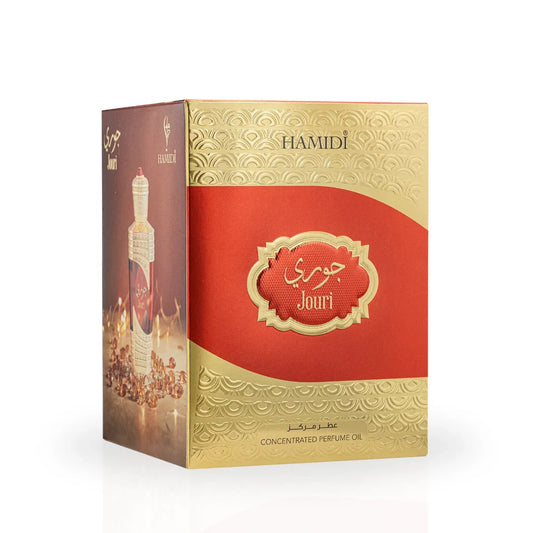 Hamidi Jouri perfume box with red and gold design on a white background