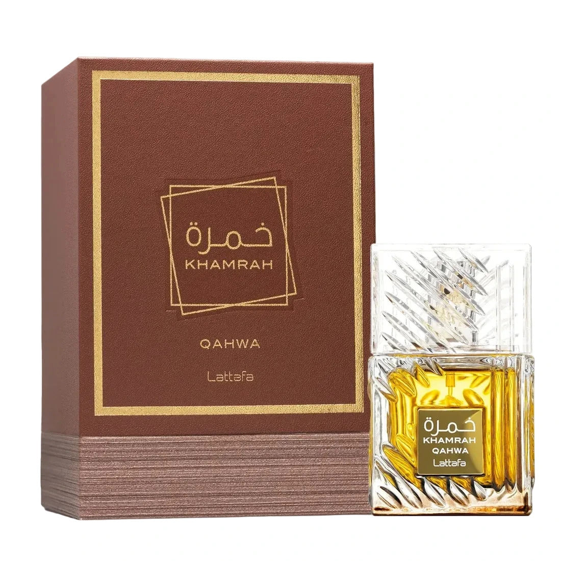 A bottle of Lattefa Qahwa Khamrah perfume next to its brown and gold outer packaging box, set against a plain white background.