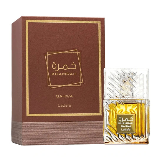 A bottle of Lattefa Qahwa Khamrah perfume next to its brown and gold outer packaging box, set against a plain white background.