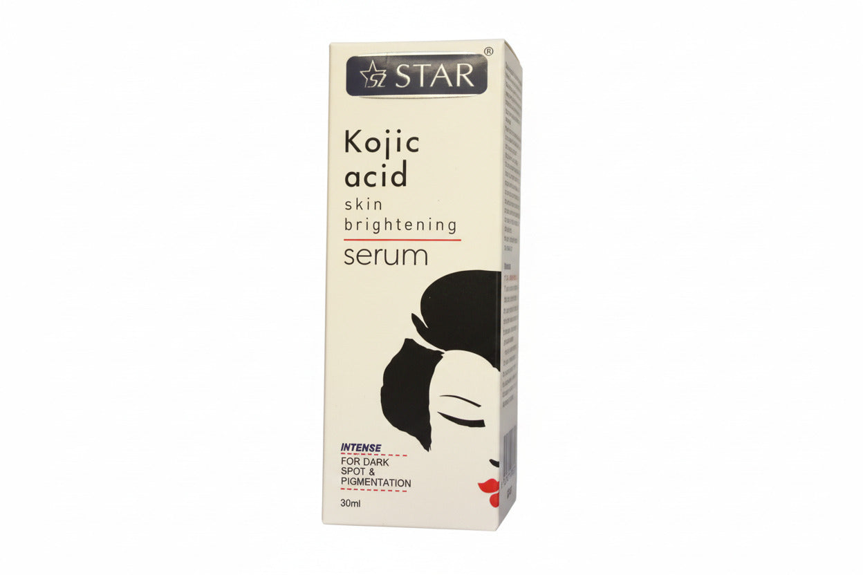 Kojic acid skin brightening serum packaging on a decorative background