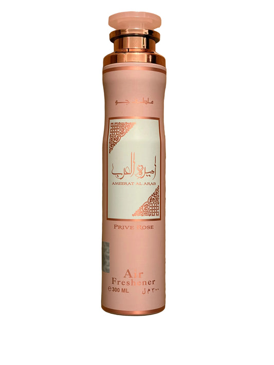 Amirrat Al-Aqra Air Freshener bottle in 'Pruve Rose' scent, featuring a metallic rose gold and light pink design with a central cream label.