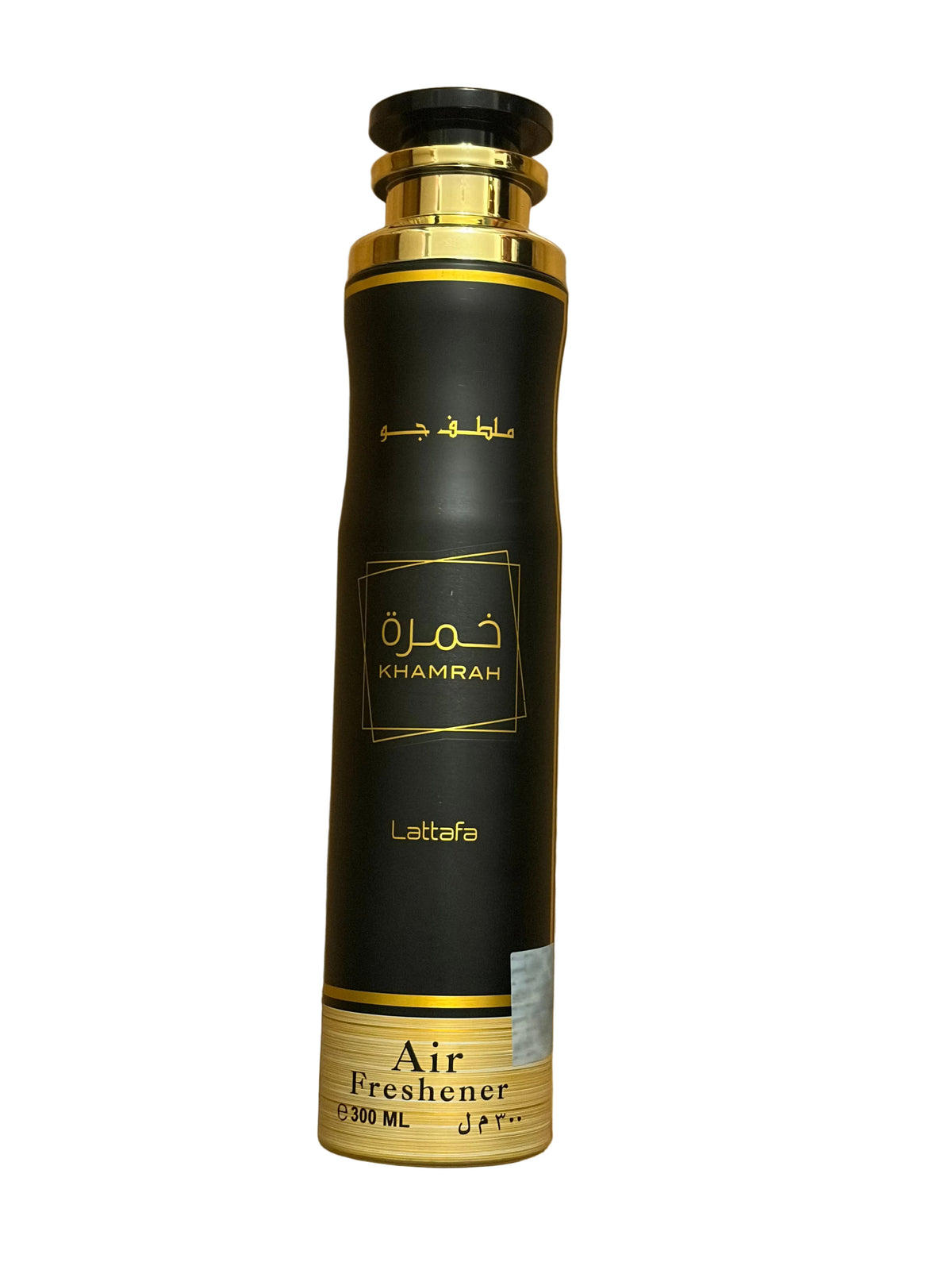 A tall cylindrical bottle of Khamrah Lattafa Air Freshener, featuring a black body with gold accents, a gold cap, and gold lettering on a white background.