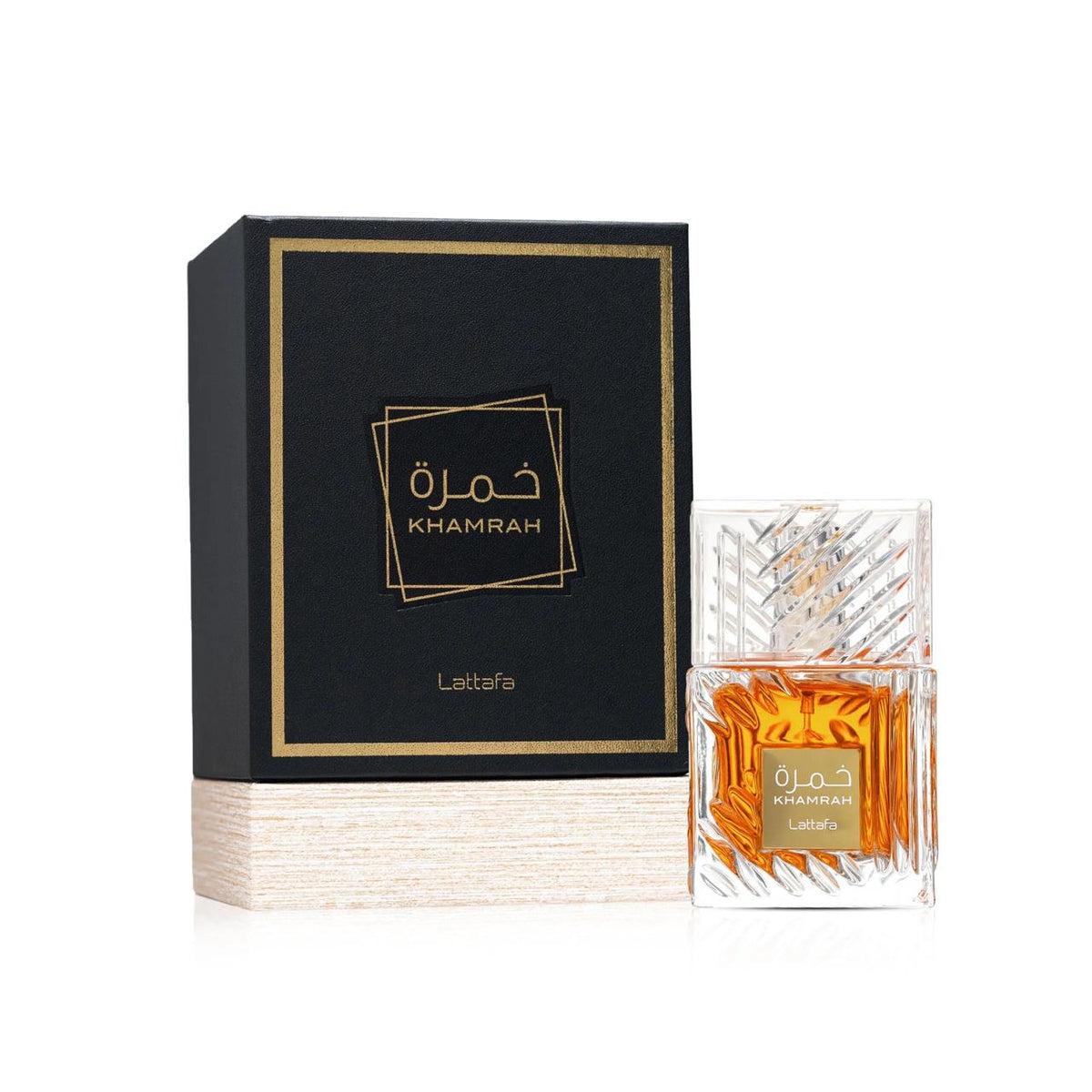Khamrah perfume bottle and packaging on a white background