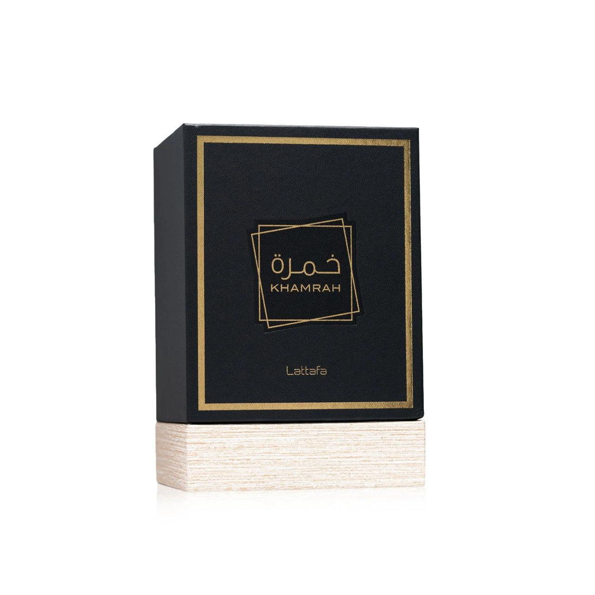 Black and gold box with 'Khamrah' branding on a white background