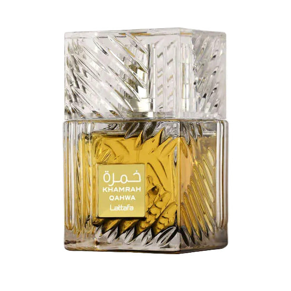 Perfume bottle with intricate design and gold label on a white background