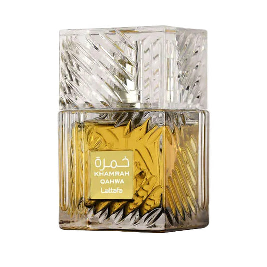 Perfume bottle with intricate design and gold label on a white background