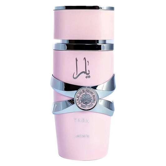 Pink perfume bottle with silver accents on a white background
