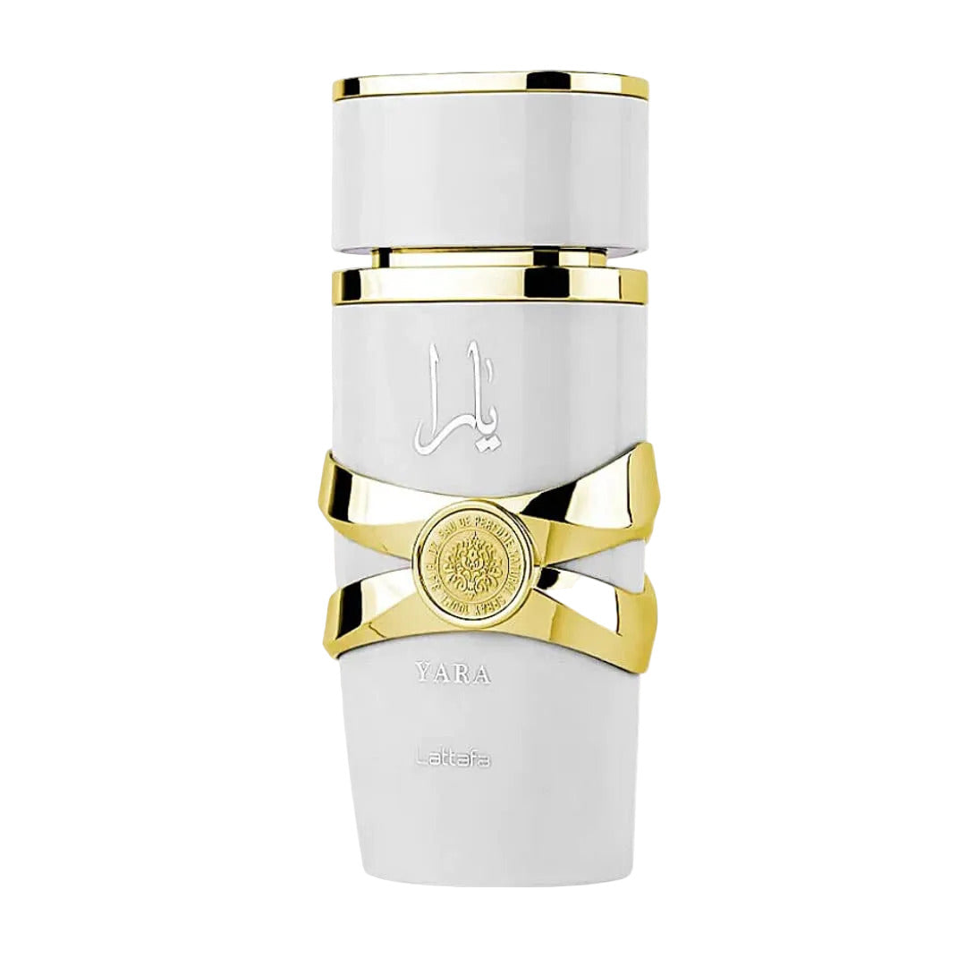 White and gold perfume bottle with 'YARA MOI By Lattafa' branding on a white background