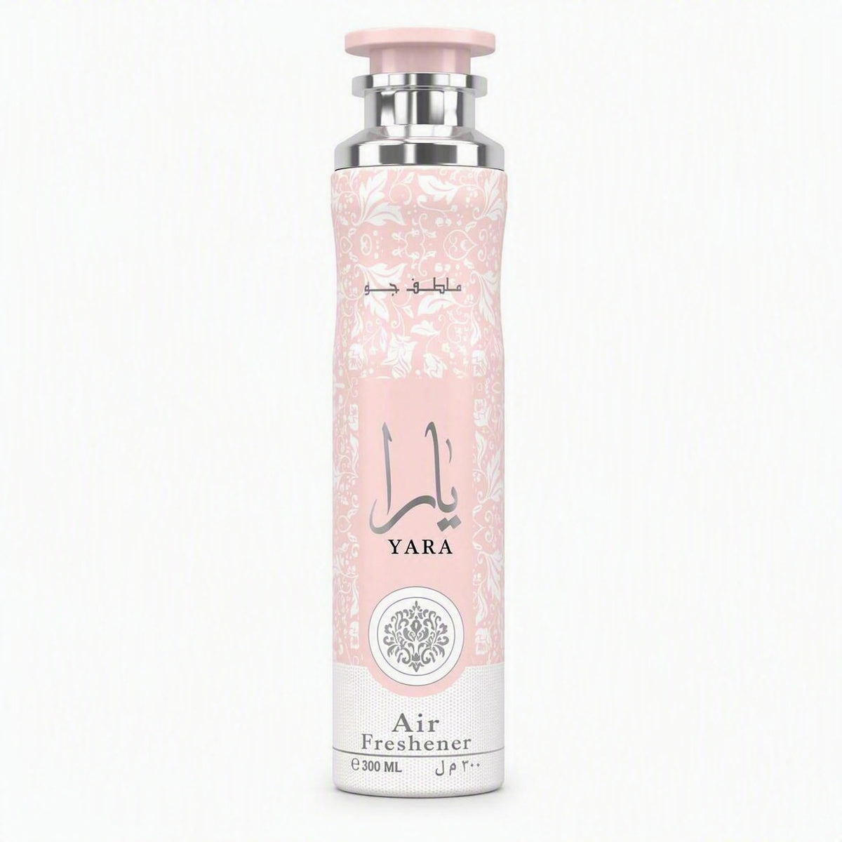 A 300 ml bottle of Yara Air Freshener with a light pink floral patterned label, a silver metallic neck, and a light pink cap, set against a clean white background.