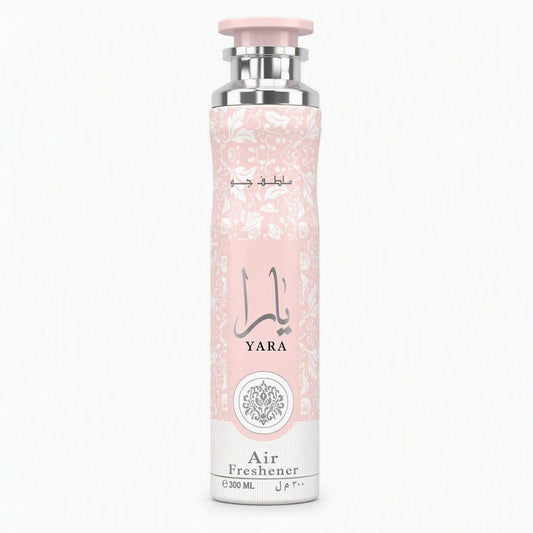 A 300 ml bottle of Yara Air Freshener with a light pink floral patterned label, a silver metallic neck, and a light pink cap, set against a clean white background.