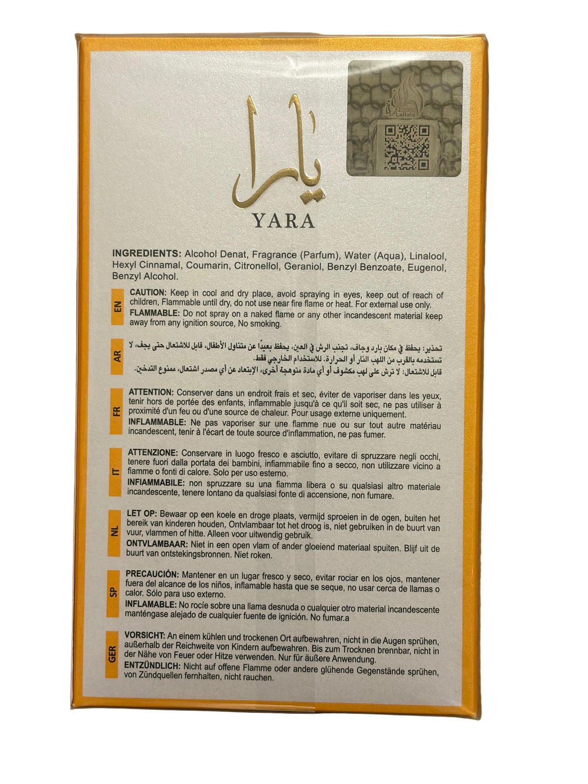 A square wooden plaque featuring the Yara brand logo and extensive product information in Dutch and English, including ingredients, warnings, and usage instructions, set against a warm wood background.