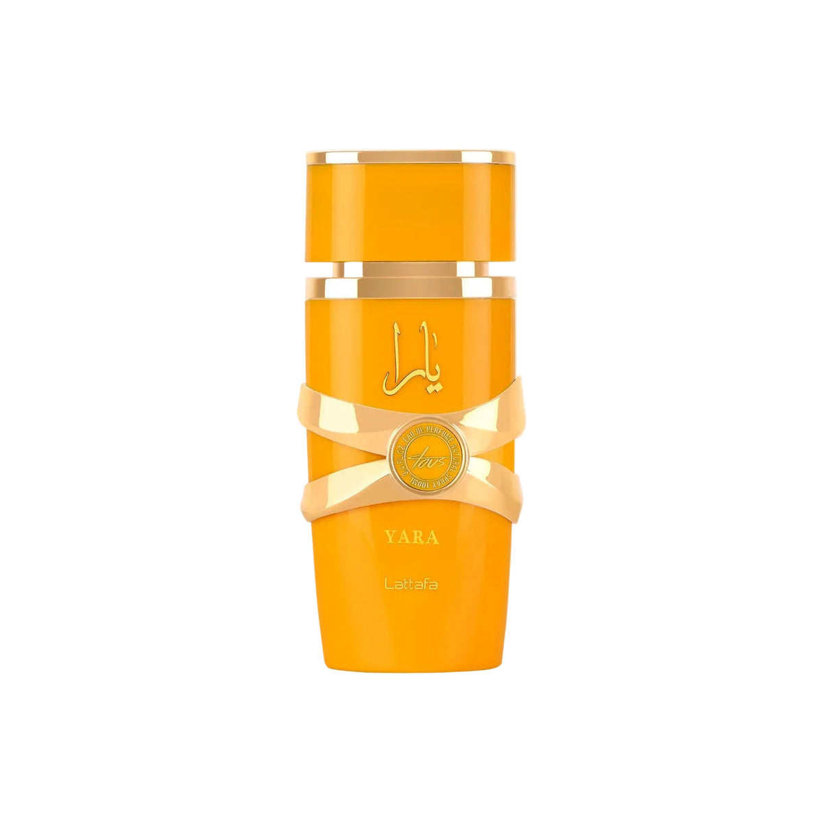 A tall cylindrical orange bottle with gold metallic accents and a gold ribbon around the middle, shown on a plain light gray background. The bottle has Arabic script, the word 'YARA', and a small circular gold seal.