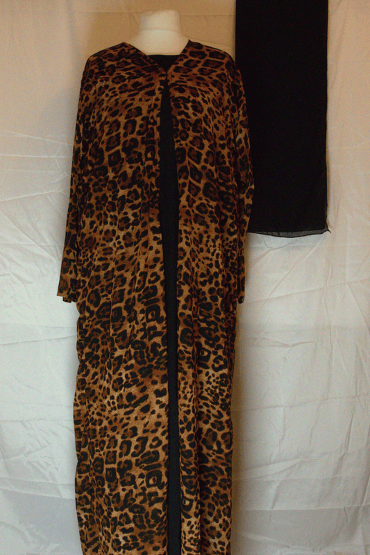 Leopard Print Two-Piece Abaya Set with Black Headscarf