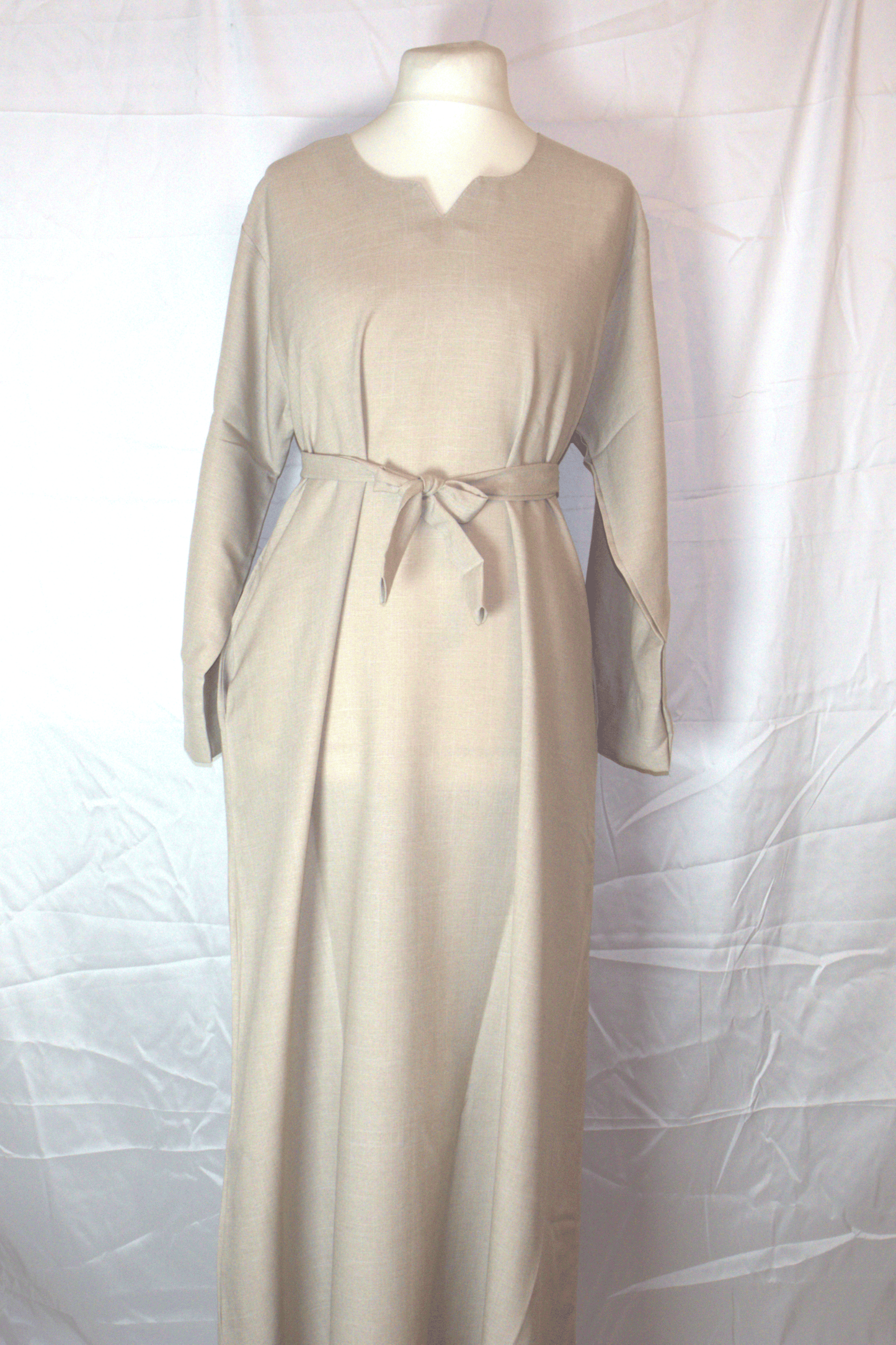 Light Beige Modest Maxi Dress – Belted with Side Pockets