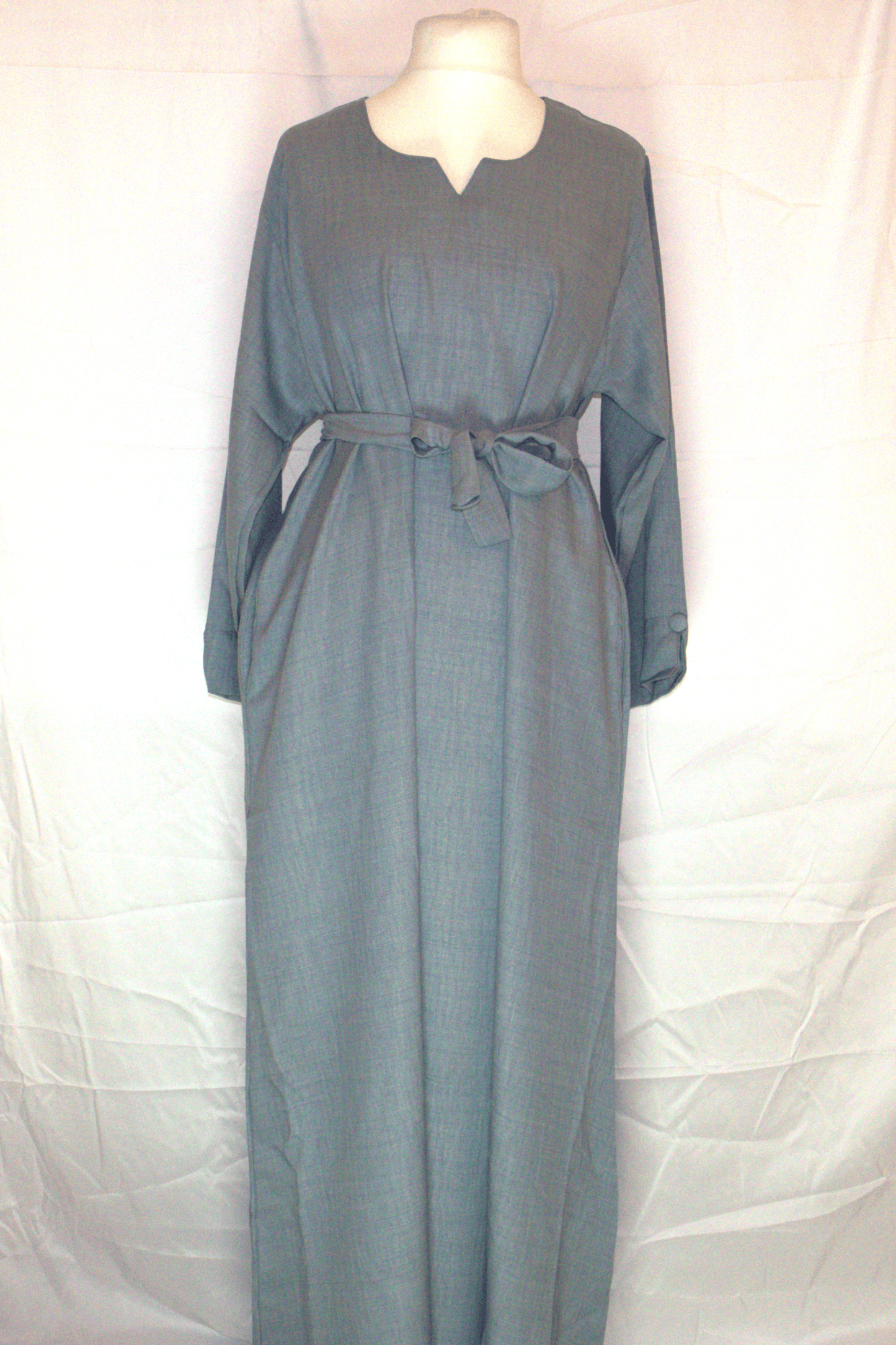 Light Blue Maxi Dress – Belted with Side Pockets