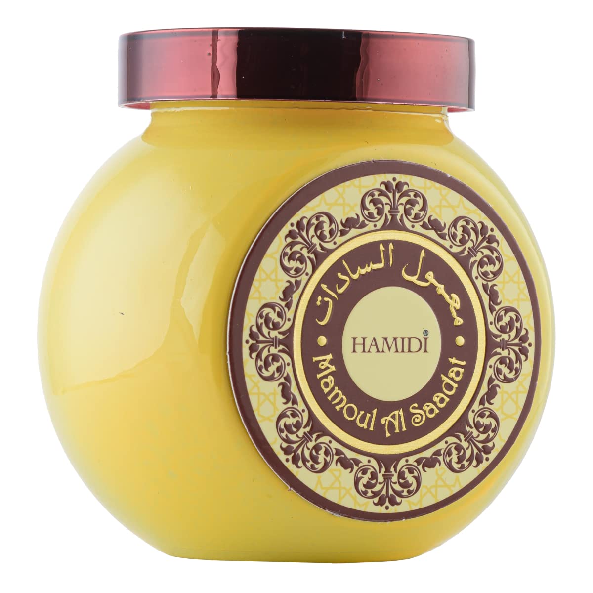 Yellow jar with a decorative label featuring the brand 'Hamidi' on a white background