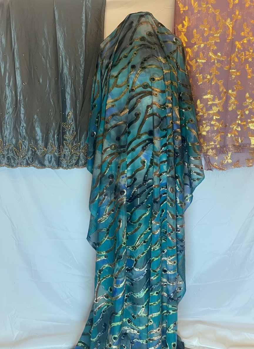 Blue patterned Somali Dirac fabric draped over a white surface with a colorful background