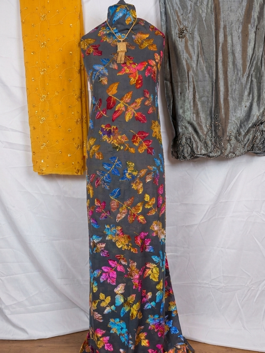 Floral-patterned dress with colorful flowers on a white background