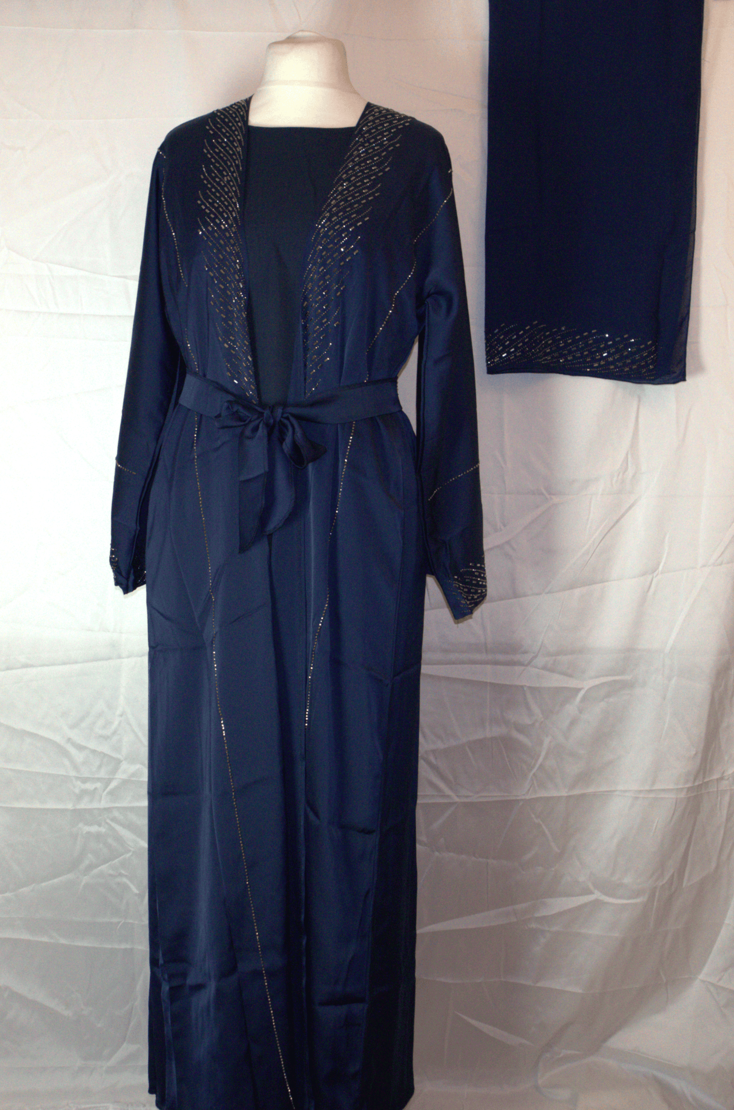 Navy Blue Two-Piece Abaya Set with Belt and Headscarf