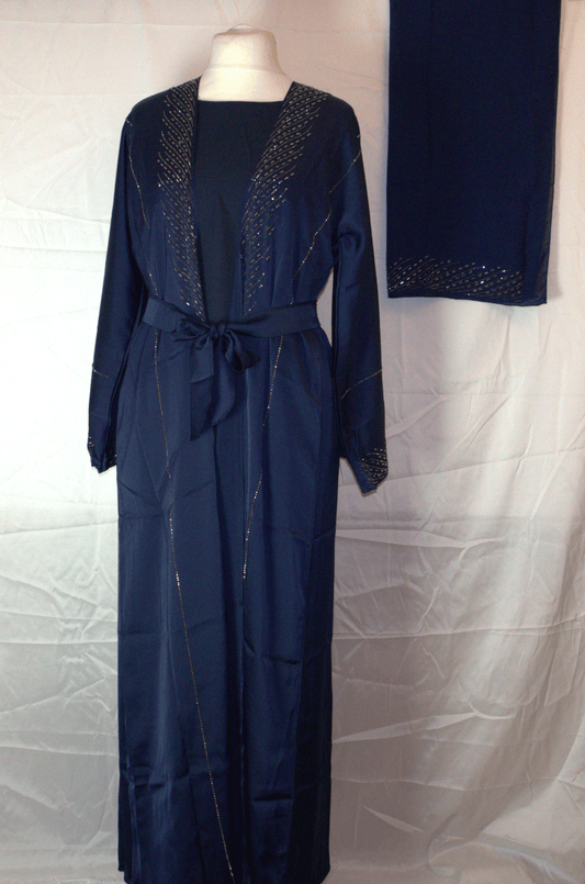Navy Blue Two-Piece Abaya Set with Belt and Headscarf