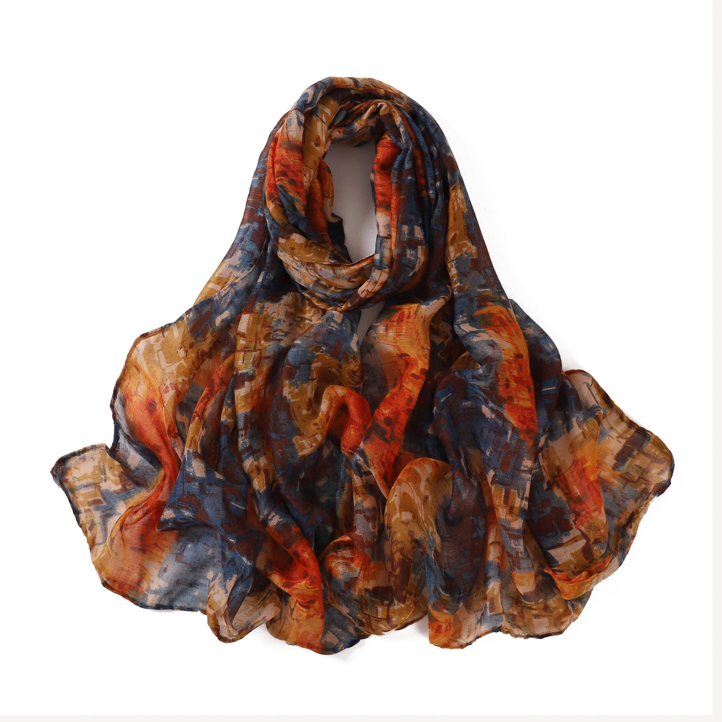 Multicolored scarf with orange, blue, and brown patterns on a white background